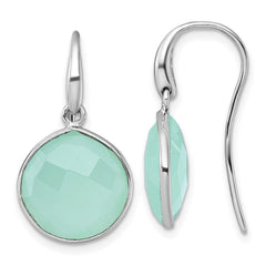 QG7184E Sterling Silver Rhodium-plated Polished Round Checker-cut Green Chalcedony Shepherd Hook Earrings