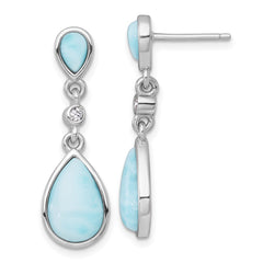 QG7187E Sterling Silver Rhodium-plated Polished Pear Larimar Cabochon and CZ Teardrop Dangle Post Earrings