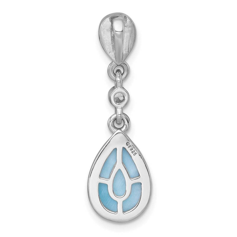 Sterling Silver Rhodium-plated Polished Pear Larimar Cabochon and CZ Teardrop Chain Slide Pendant QG7187P