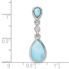 Sterling Silver Rhodium-plated Polished Pear Larimar Cabochon and CZ Teardrop Chain Slide Pendant QG7187P