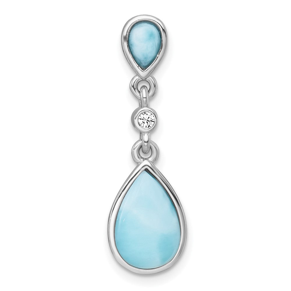 Sterling Silver Rhodium-plated Polished Pear Larimar Cabochon and CZ Teardrop Chain Slide Pendant QG7187P