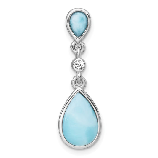 Sterling Silver Rhodium-plated Polished Pear Larimar Cabochon and CZ Teardrop Chain Slide Pendant QG7187P