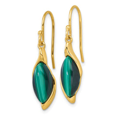 QG7188E Sterling Silver Gold-Tone Polished Fancy Marquise Malachite Cabochon Dangle Shepherd Hook Earrings