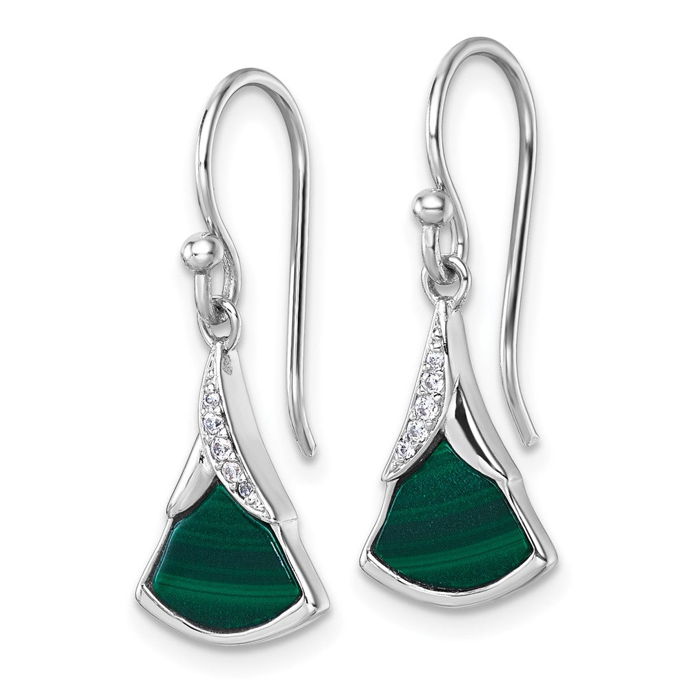 QG7189E Sterling Silver Rhodium-plated Polished White CZ and Malachite Fan Dangle Shepherd Hook Earrings