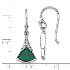 QG7189E Sterling Silver Rhodium-plated Polished White CZ and Malachite Fan Dangle Shepherd Hook Earrings