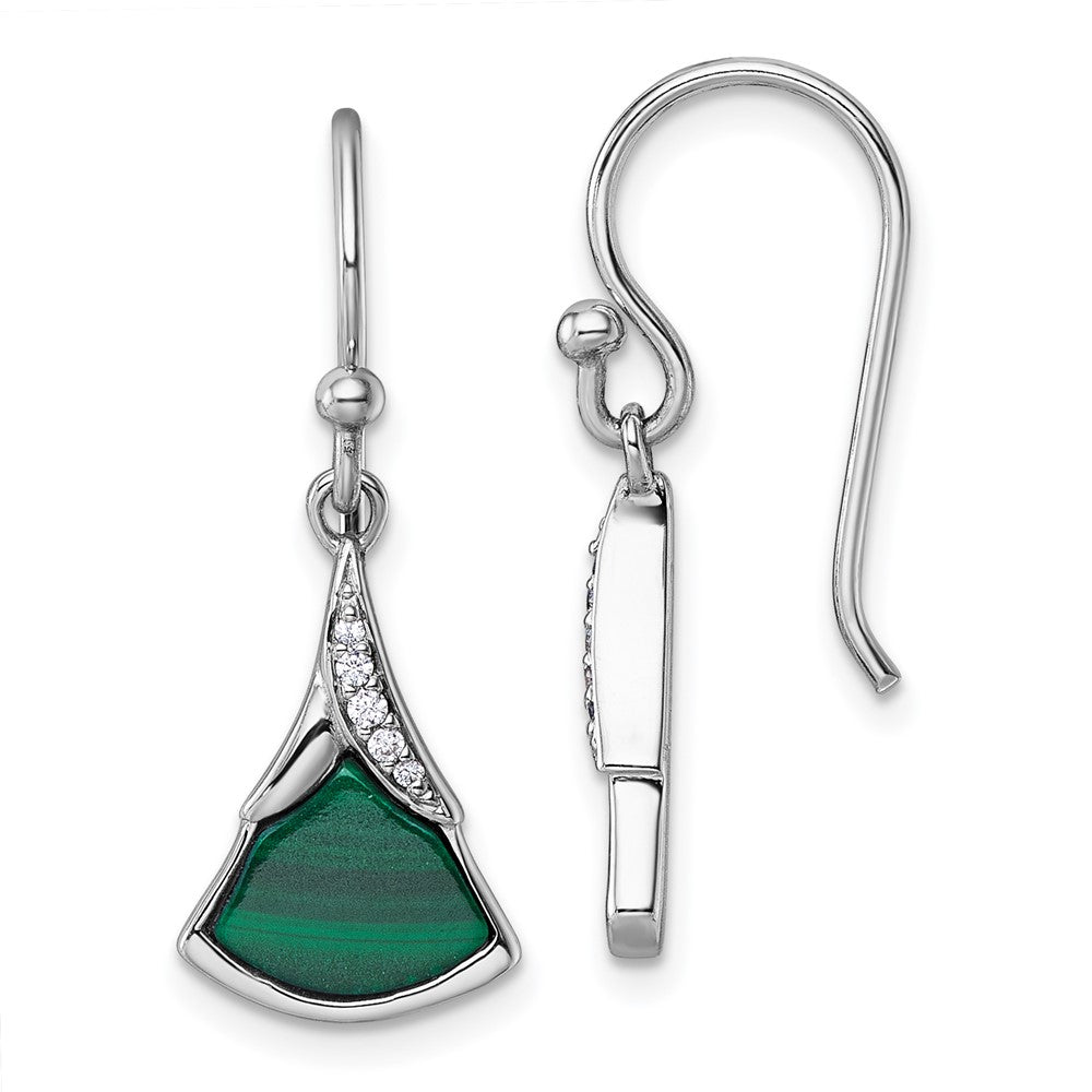 QG7189E Sterling Silver Rhodium-plated Polished White CZ and Malachite Fan Dangle Shepherd Hook Earrings