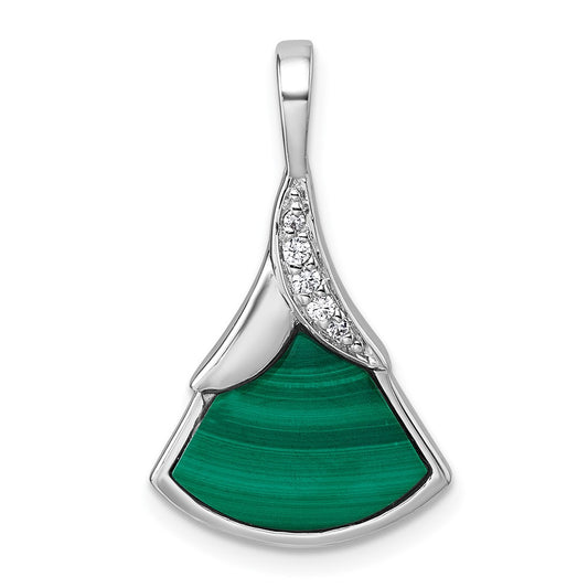 Sterling Silver Rhodium-plated Polished White CZ And Malachite Fan Pendant QG7189P