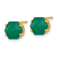 QG7190E Sterling Silver Gold-tone Polished Hexagon Green Chalcedony Post Earrings