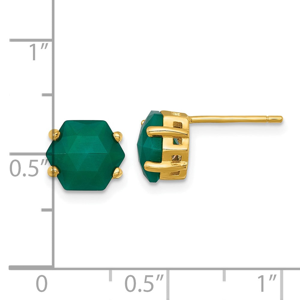 QG7190E Sterling Silver Gold-tone Polished Hexagon Green Chalcedony Post Earrings