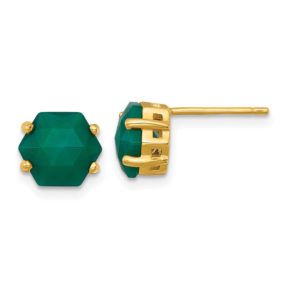 QG7190E Sterling Silver Gold-tone Polished Hexagon Green Chalcedony Post Earrings