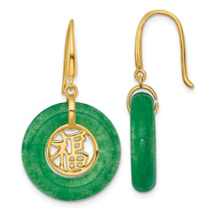QG7192E Sterling Silver Gold-tone Polished Good Luck Green Chalcedony Circle Dangle Shepherd Hook Earrings