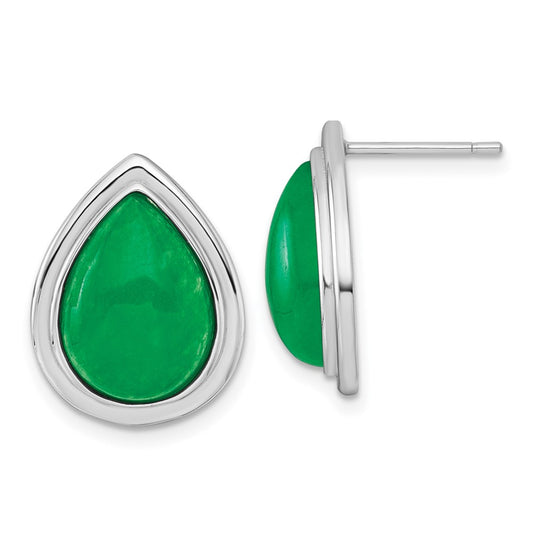 QG7193E Sterling Silver Rhodium-plated Polished Pear-Shaped Dyed Jade Quartz Cabochon Post Earrings