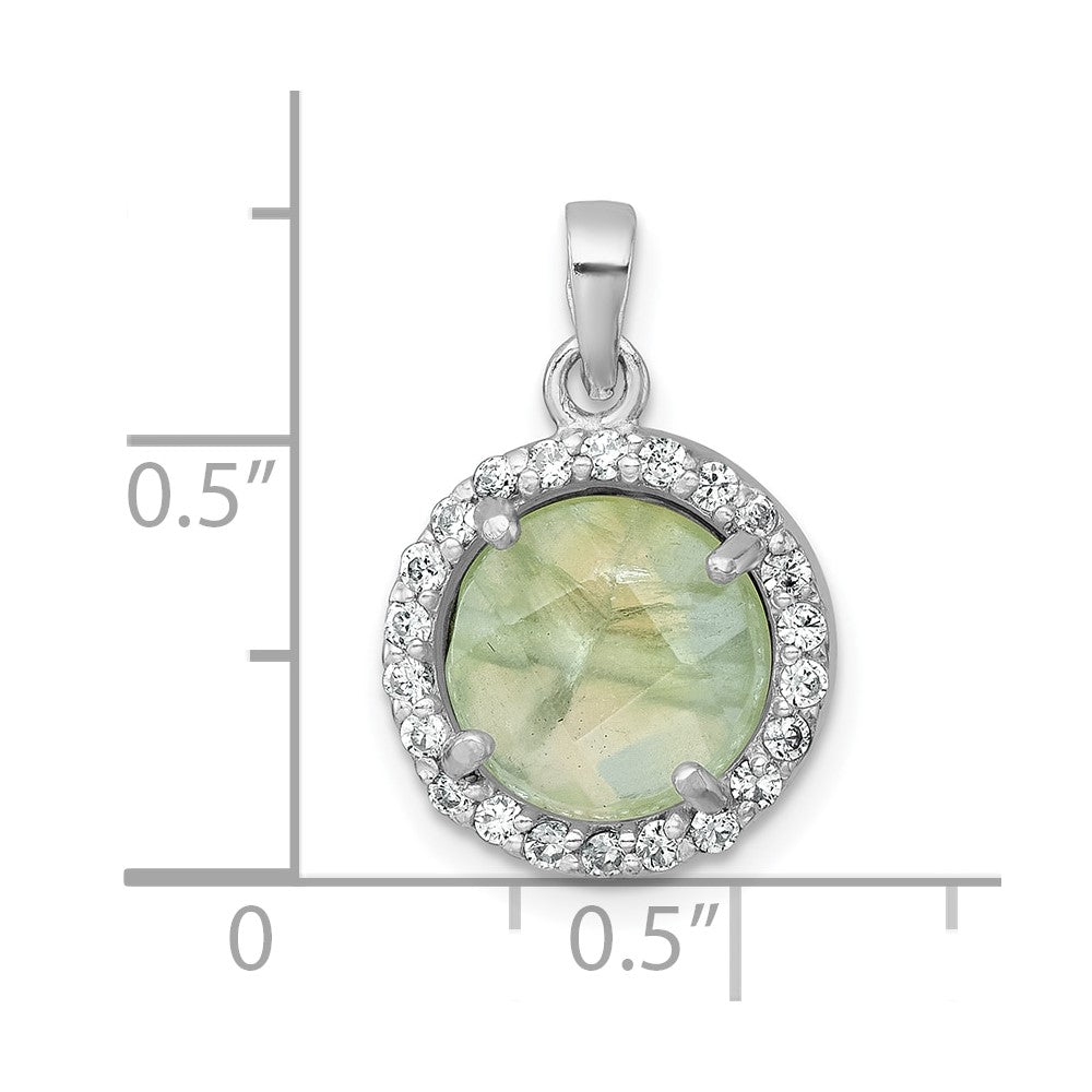 Sterling Silver Rhodium-plated Polished CZ Halo and Faceted Prehnite Circle Pendant QG7194P