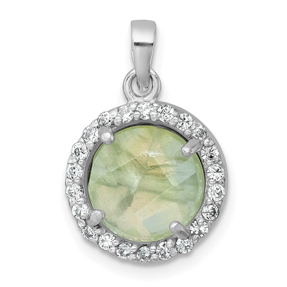 Sterling Silver Rhodium-plated Polished CZ Halo and Faceted Prehnite Circle Pendant QG7194P