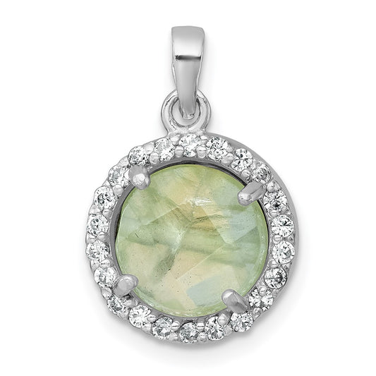 Sterling Silver Rhodium-plated Polished CZ Halo and Faceted Prehnite Circle Pendant QG7194P