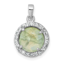 Sterling Silver Rhodium-plated Polished CZ Halo and Faceted Prehnite Circle Pendant QG7194P