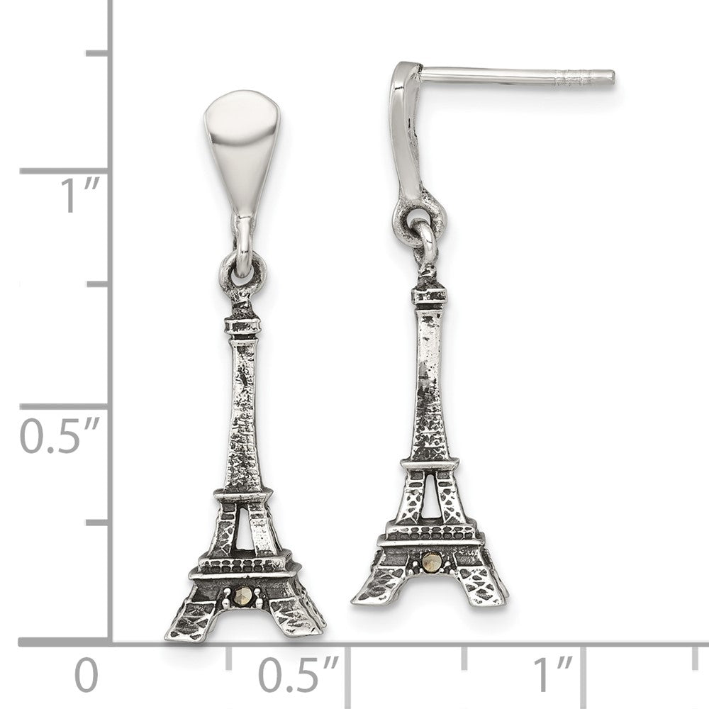 QG7195E Sterling Silver Antiqued Marcasite 3-D Eiffel Tower Dangle Post Earrings