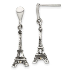 QG7195E Sterling Silver Antiqued Marcasite 3-D Eiffel Tower Dangle Post Earrings