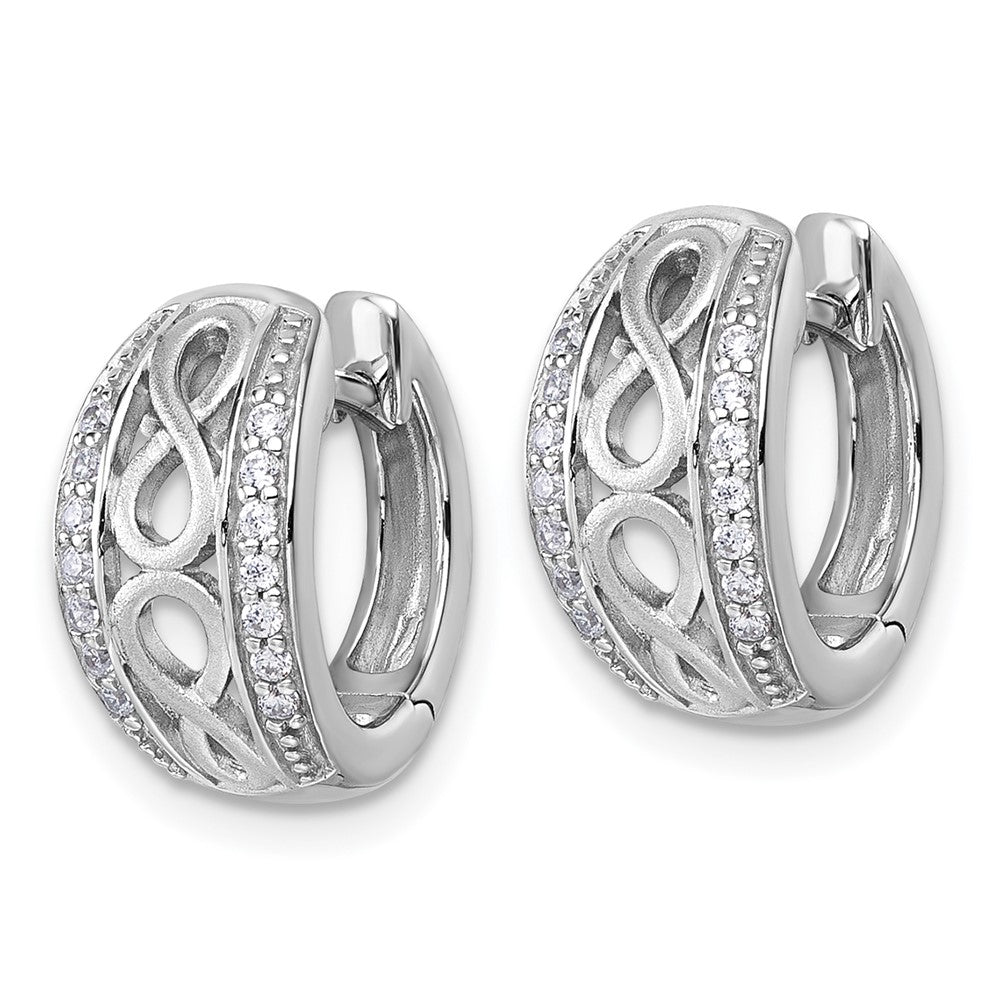 QG7196E Sterling Silver Rhodium-plated Polished and Satin CZ Infinity Round Hinged Hoop Earrings