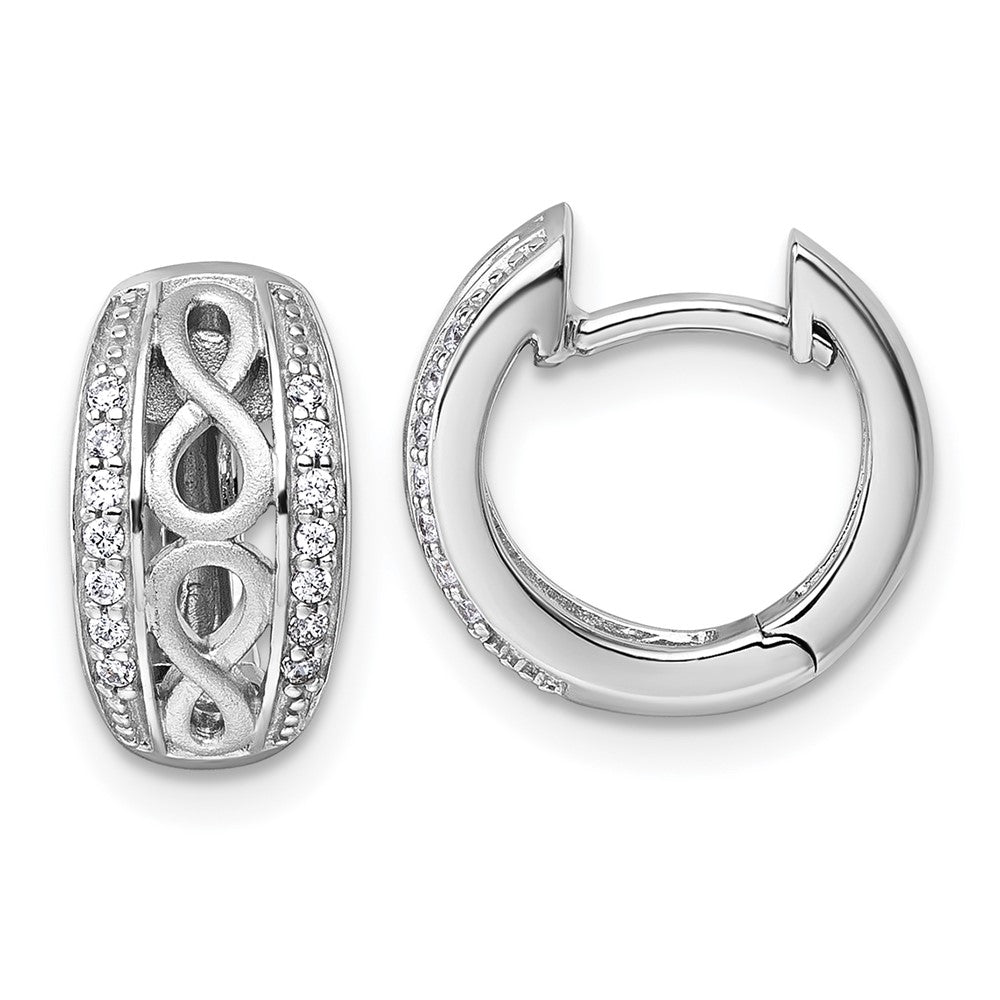 QG7196E Sterling Silver Rhodium-plated Polished and Satin CZ Infinity Round Hinged Hoop Earrings