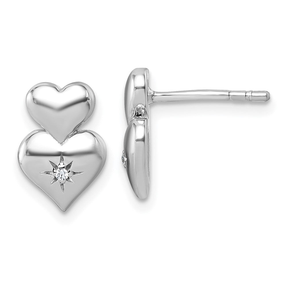 QG7198E Sterling Silver Rhodium-plated Polished White CZ Double Heart Post Earrings