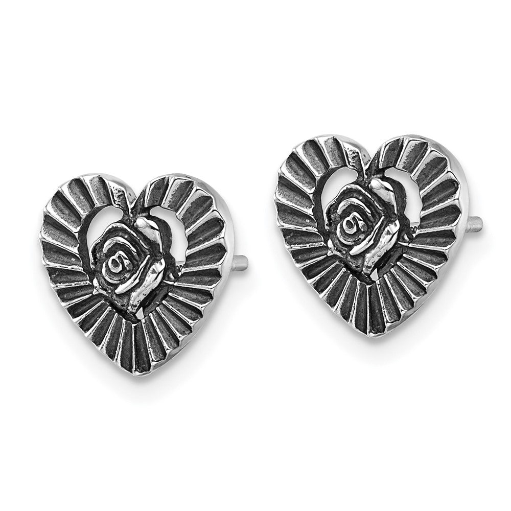 QG7199E Sterling Silver Antiqued Polished Open Heart With Flower Post Earrings