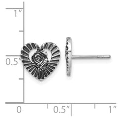 QG7199E Sterling Silver Antiqued Polished Open Heart With Flower Post Earrings