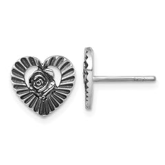 QG7199E Sterling Silver Antiqued Polished Open Heart With Flower Post Earrings