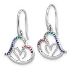 QG7201E Sterling Silver Rhodium-plated Polished Rainbow Nano Crystals Double Heart Dangle Shepherd Hook Earrings