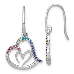 QG7201E Sterling Silver Rhodium-plated Polished Rainbow Nano Crystals Double Heart Dangle Shepherd Hook Earrings