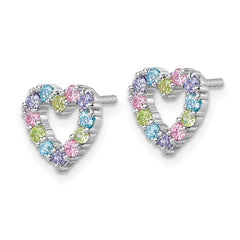 QG7203E Sterling Silver Rhodium-plated Polished Pastel Blue, Pink, Green and Purple CZ Heart Post Earrings