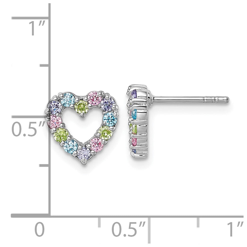 QG7203E Sterling Silver Rhodium-plated Polished Pastel Blue, Pink, Green and Purple CZ Heart Post Earrings