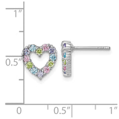 QG7203E Sterling Silver Rhodium-plated Polished Pastel Blue, Pink, Green and Purple CZ Heart Post Earrings