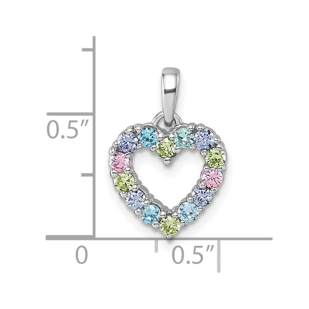 Sterling Silver Rhodium-plated Polished Pastel Blue, Pink, Green and Purple CZ Heart Pendant QG7203P