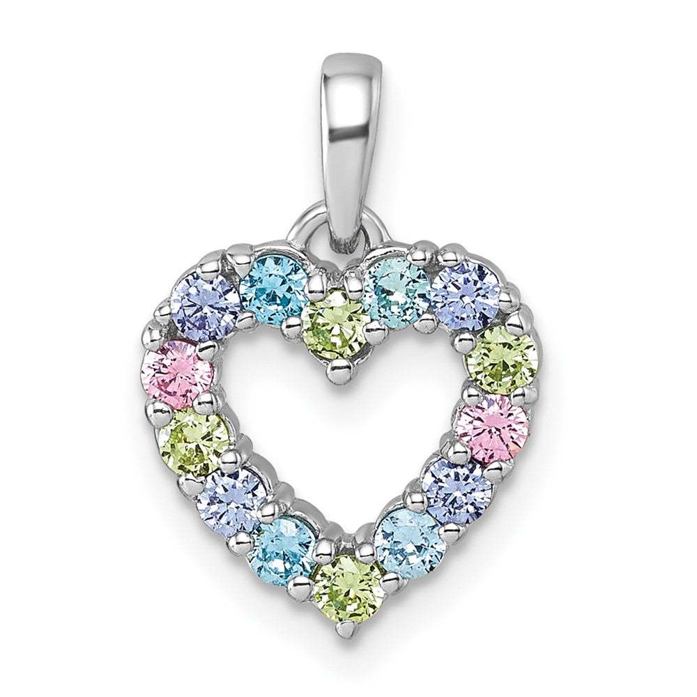 Sterling Silver Rhodium-plated Polished Pastel Blue, Pink, Green and Purple CZ Heart Pendant QG7203P