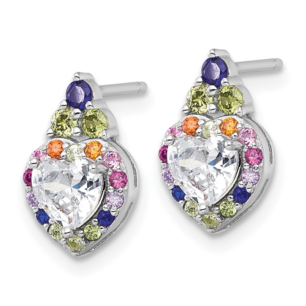 QG7204E Sterling Silver Rhodium-plated Polished Multi-color Rainbow CZ Heart Halo Post Earrings