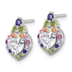 QG7204E Sterling Silver Rhodium-plated Polished Multi-color Rainbow CZ Heart Halo Post Earrings
