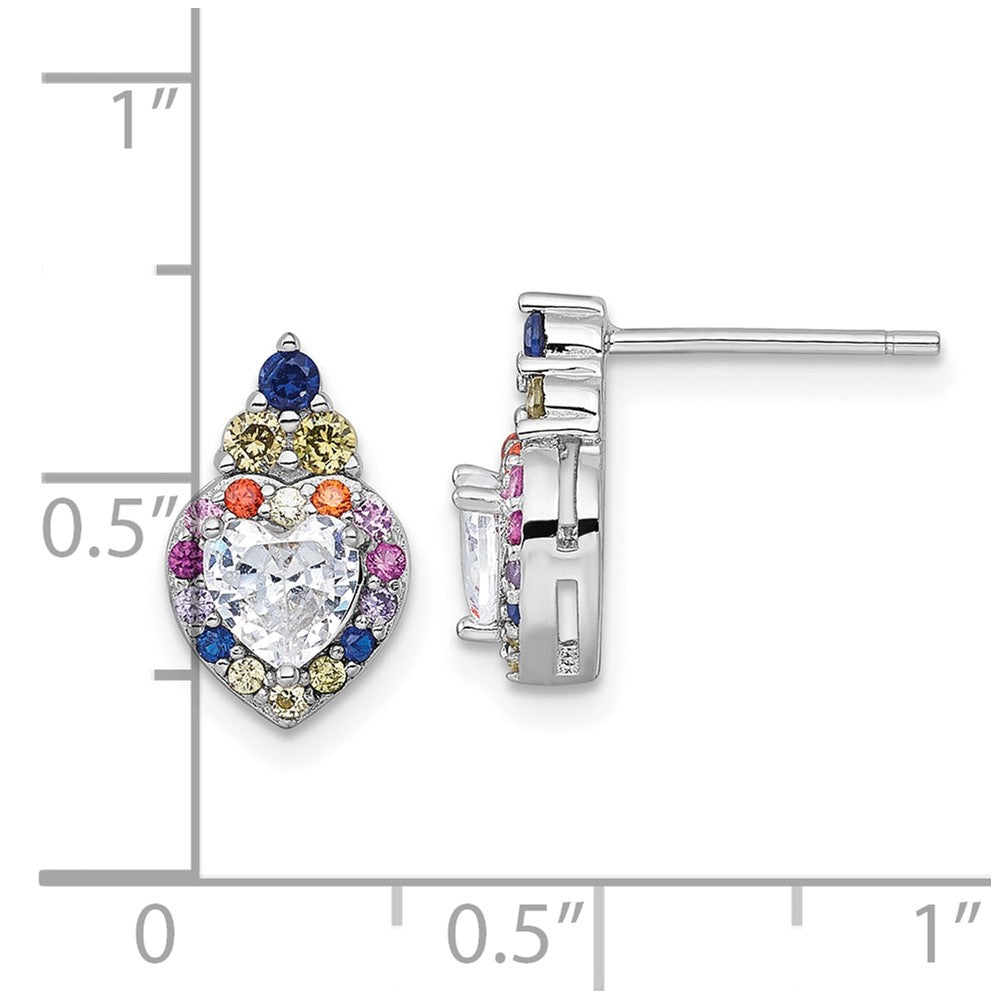 QG7204E Sterling Silver Rhodium-plated Polished Multi-color Rainbow CZ Heart Halo Post Earrings