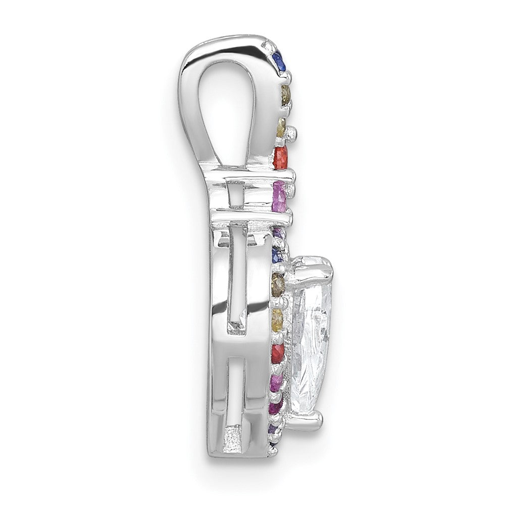 Sterling Silver Rhodium-plated Polished Multi-color Rainbow CZ Heart Halo Chain Slide Pendant QG7204P