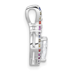 Sterling Silver Rhodium-plated Polished Multi-color Rainbow CZ Heart Halo Chain Slide Pendant QG7204P