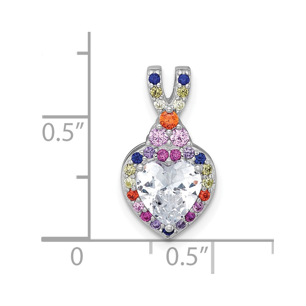 Sterling Silver Rhodium-plated Polished Multi-color Rainbow CZ Heart Halo Chain Slide Pendant QG7204P