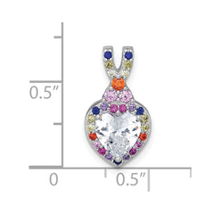 Sterling Silver Rhodium-plated Polished Multi-color Rainbow CZ Heart Halo Chain Slide Pendant QG7204P