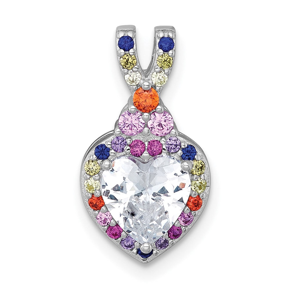 Sterling Silver Rhodium-plated Polished Multi-color Rainbow CZ Heart Halo Chain Slide Pendant QG7204P