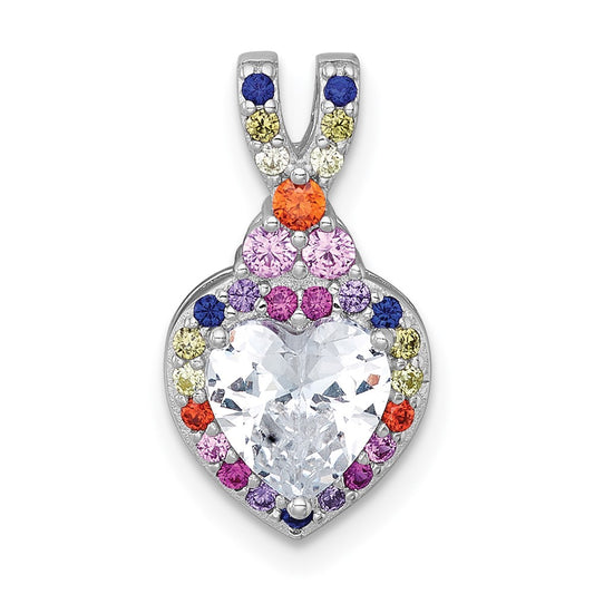 Sterling Silver Rhodium-plated Polished Multi-color Rainbow CZ Heart Halo Chain Slide Pendant QG7204P