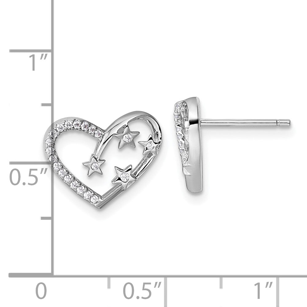 QG7205E Sterling Silver Rhodium-plated CZ Polished Open Heart with Stars Post Earrings