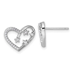 QG7205E Sterling Silver Rhodium-plated CZ Polished Open Heart with Stars Post Earrings