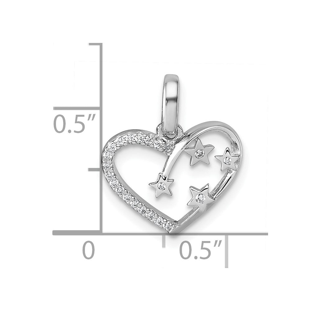 Sterling Silver Rhodium-plated CZ Polished Open Heart with Stars Pendant QG7205P