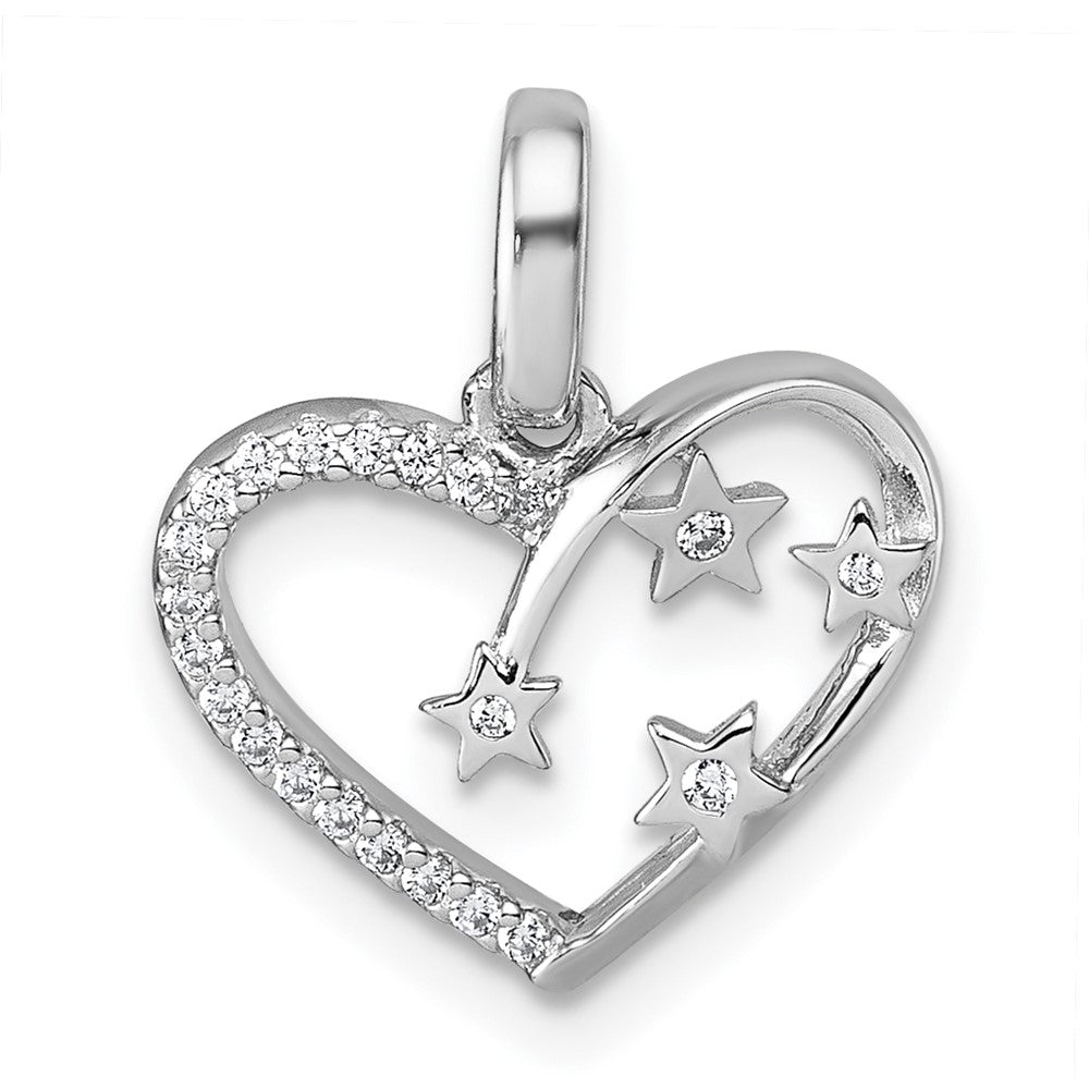 Sterling Silver Rhodium-plated CZ Polished Open Heart with Stars Pendant QG7205P