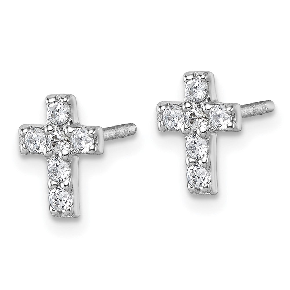 QG7208E Sterling Silver Rhodium-plated Polished White CZ Cross Post Earrings