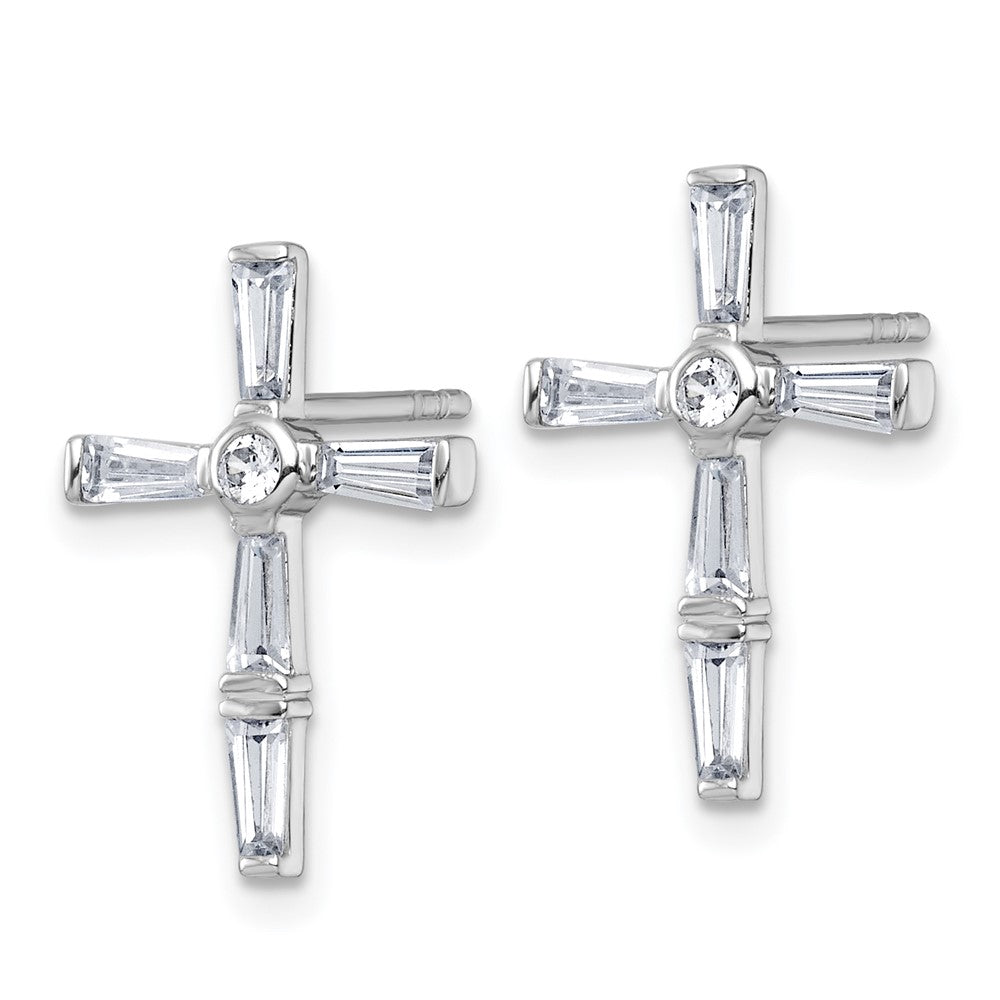 QG7209E Sterling Silver Rhodium-plated Polished White Baguette CZ Cross Post Earrings